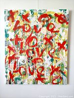 Front view of the full canvas artwork showing abstract graffiti-style painting with red dripped “LOVE” text on multicolor background