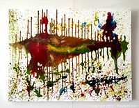 Front view of abstract painting with colorful drips on white canvas