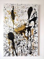 Full front view of the entire gallery-wrapped canvas showing black and gold splatter on white background
