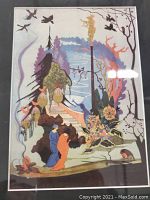 Close-up of the lithograph artwork showing colorful scenery with two figures, birds, and foliage.