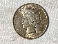 Obverse side of 1922 Peace Dollar showing Lady Liberty with date and inscriptions.