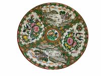 Top front view of the plate showing full Rose Medallion pattern with floral and scenic sections and colorful hand painted details.