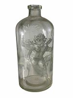 Front view of clear glass bottle with visible etched cherub design.