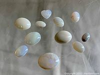 Top view of eleven opal cabochons arranged on a reflective surface, showing shape and play of color.