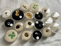 Top view showing multiple round plastic containers each holding one to several faceted or cabochon gemstones with various colors including green, yellow, brown, blue, and black.