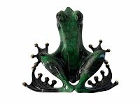 Green and black enamel bronze frog viewed from front, perched position showing outstretched legs