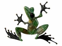 Front view of patinated bronze frog sculpture on white background