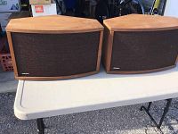 Both speakers front view on table showing cloth grille and overall condition