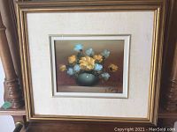 Frontal view of the framed floral painting showing the overall condition and composition of flowers in vase with signature.