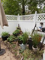 Overview of plants and planters arranged on patio ground with decorative stones and white fence background