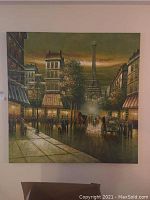 Front view of large square canvas wall art depicting Paris street scene with Eiffel Tower