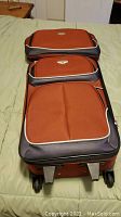 Two piece Protocol luggage set including large suitcase and smaller duffle bag, both rust-orange with gray and white trim.