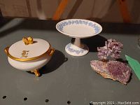 Photo showing all three items: Wedgwood compote dish, Limoges footed dish with lid, and amethyst tree cluster