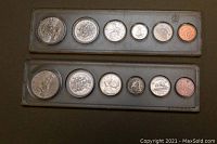 Two Canadian Mint coin sets in plastic holders displaying coins from 1 cent to 1 dollar in one image.