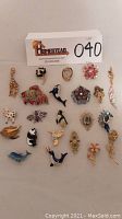 Full set of 23 brooches and pins arranged neatly including animal and floral designs.