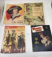 Front covers of four vintage publications laid out, including Mother Nature book, Women in Crime magazine, Texas Rangers coloring book, and Lyric Theatre program