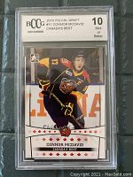 Front view of Connor McDavid hockey card encased in Beckett grading case showing grade 10 Mint or Better.