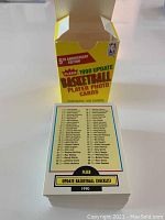 Opened yellow Fleer 5th Anniversary Edition box with card checklist showing card numbers 1-100