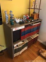 Full view of one bookshelf with books and various figurines on top.