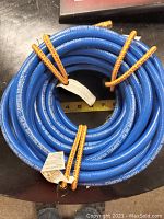 Top view of blue coiled 300 PSI air compressor hose with multiple yellow and black bungee cords securing it, showing printed safety and usage information on hose.