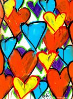 Close-up of colorful hearts layered on canvas