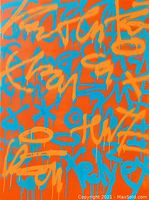 Close-up front view showing red background with blue and orange layered calligraphic drips