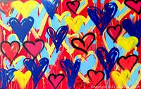 Close-up of multicolor heart motifs on red background with dripping paint details