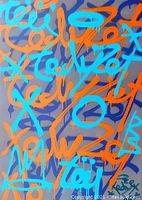 Close-up detail of the canvas showing bright layered graffiti tags in orange and turquoise spray paint over a dark gray background with drips and texture.