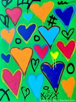 Front view of the painting showing colorful hearts and graffiti style marks on a green canvas.