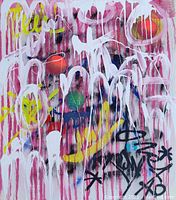 Close view of top portion showing layered pink drips and white graffiti strokes