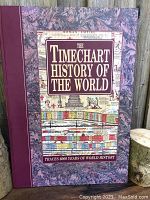 Front cover of The TimeChart History of the World vintage fold-out book showing title, illustrative timeline graphics, and marbled purple spine.