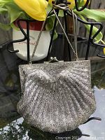 Photo showing the front of the purse with hand-beaded silver-tone fan/shell pattern and chain strap.