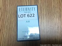 Front of Calvin Klein Eternity Air for Men Eau de Toilette packaging, showing lot number and size