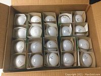 Top view showing 10 boxes with 4 white bulbs each inside an open cardboard box, totaling 40 bulbs.