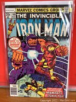 Front cover of Iron Man #108 comic book in protective bag and board, showing cover art and Marvel Comics Group branding.