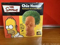 Front view of unopened Chia Homer planter box showing product image of Homer Simpson head planter with green grass hair growing, branding and key marketing points.