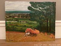 Front view of oil on cardboard painting showing the entire farm landscape scene with horse-drawn hay cart and surrounding fields and trees.