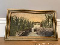 Frontal view of the antique oil on board painting showing the full artwork and frame.