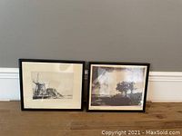 Both framed Rembrandt prints side by side showing windmill scene on left and tree-lined landscape on right