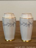Front view of the pair of fine china salt and pepper shakers showing gray floral pattern and gold trim on white background.