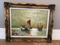 Frontal photo of the framed oil on canvas painting showing three ships with red sails on calm water and the artist's signature 'Perez' bottom right. The ornate frame displays some wear and distress.