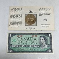 One photo shows the front of the bill featuring Queen Elizabeth II and the back side of the coin holder with historical text about British Columbia's colonial union in 1866.