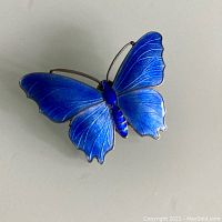 Close view of bright blue enamel butterfly brooch showing detailed wings and body.