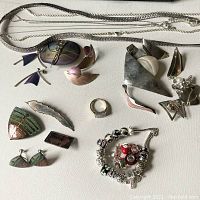 Various enamelled brooches, anodized aluminum necklaces in silver and silver-tone, a charm bracelet, earrings, and rings arranged on a white surface.