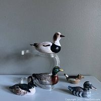Five hand painted duck figurines displayed, showing variety in size and colors, arranged on white surface with gray wall background.