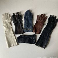 All six pairs of leather gloves displayed flat, showing variety in colors and lengths