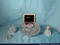 Full lot view showing crystal bowl, sugar bowl with lid, and glass syrup pitcher with silver top