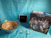 Full punch bowl set displayed with box showing the 'Peony' design name, including large punch bowl, cups, and ladle.