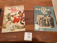 Both Wizard of Oz paperback books on a wooden surface, one with illustrated cover and one with photographic cover
