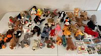 Full group of assorted Beanie Babies and Beanie Boppers plush toys arranged on a white table with visible Ty heart tags.